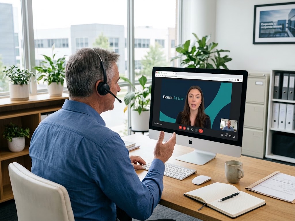 A financial adviser on a video call with Sarah at CennoAssist from his office
