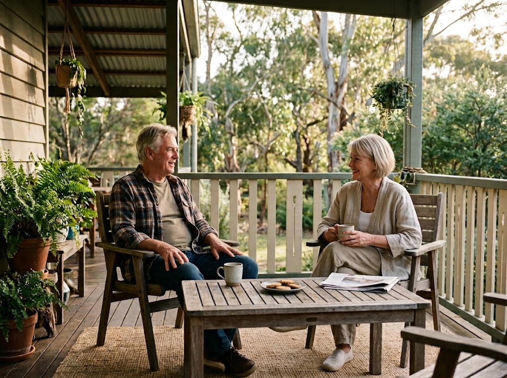 An older couple enjoying coffee and biscuits together on their verandah