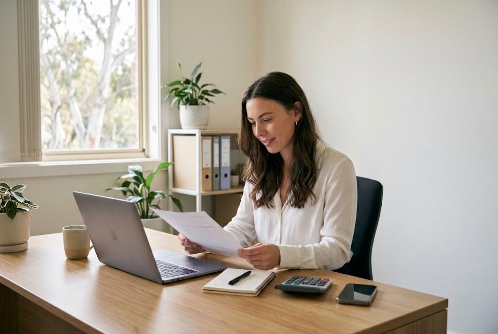 Sarah Corcoran reviewing a client document at her desk