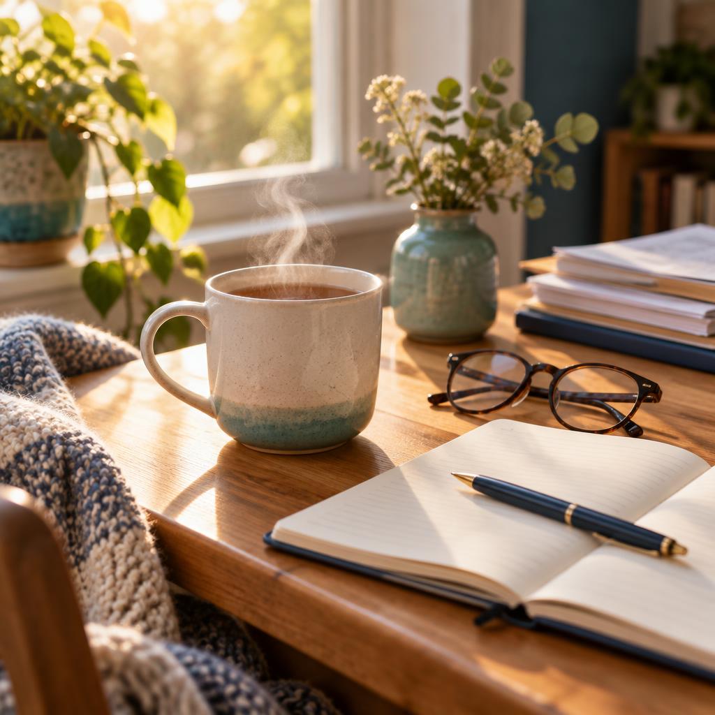 A cup of tea, an open notebook and reading glasses on a wooden table in warm morning light